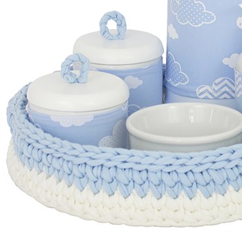 Kit Higiene Crochê Com 6 Peças e Garrafa Grande Azul