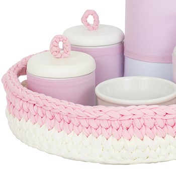 Kit Higiene Crochê Com 6 Peças e Garrafa Grande Rosa