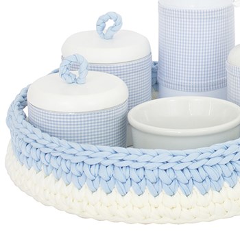 Kit Higiene Crochê Com 6 Peças e Garrafa Pequena Azul