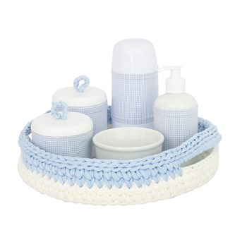 Kit Higiene Crochê Com 6 Peças e Garrafa Pequena Azul