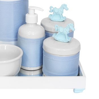 Kit Higiene Espelho Completo Porcelanas, Garrafa e Capa Cavalinho Azul