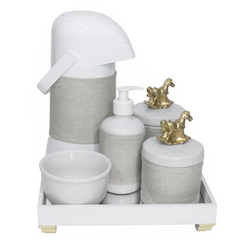 Kit Higiene Espelho Completo Porcelanas, Garrafa e Capa Cavalinho Dourado