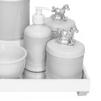 Kit Higiene Espelho Completo Porcelanas, Garrafa e Capa Cavalinho Prata