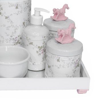 Kit Higiene Espelho Completo Porcelanas, Garrafa e Capa Cavalinho Rosa