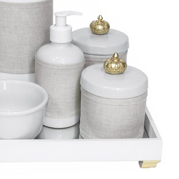 Kit Higiene Espelho Completo Porcelanas, Garrafa e Capa Coroa Dourado