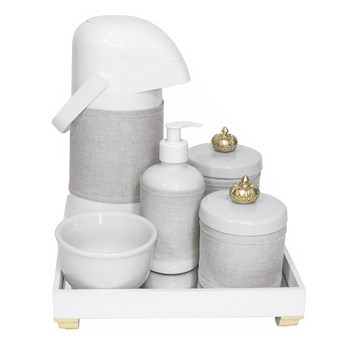 Kit Higiene Espelho Completo Porcelanas, Garrafa e Capa Coroa Dourado