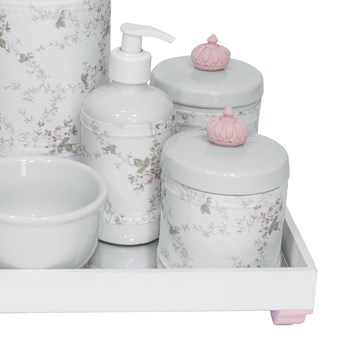 Kit Higiene Espelho Completo Porcelanas, Garrafa e Capa Coroa Rosa
