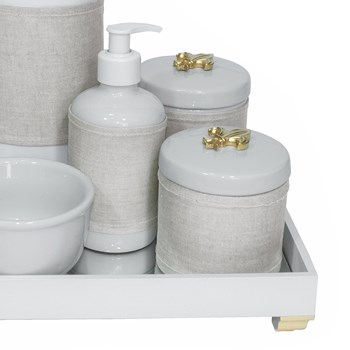 Kit Higiene Espelho Completo Porcelanas, Garrafa e Capa Flor de Liz Dourado