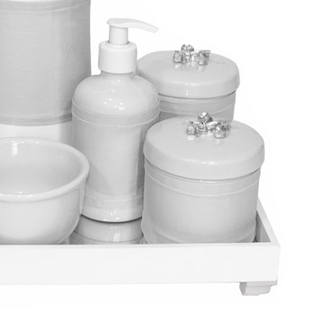 Kit Higiene Espelho Completo Porcelanas, Garrafa e Capa Flor de Liz Prata