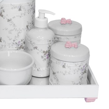 Kit Higiene Espelho Completo Porcelanas, Garrafa e Capa Flor de Liz Rosa