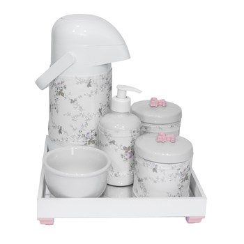 Kit Higiene Espelho Completo Porcelanas, Garrafa e Capa Flor de Liz Rosa