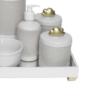 Kit Higiene Espelho Completo Porcelanas, Garrafa e Capa Nuvem Dourado