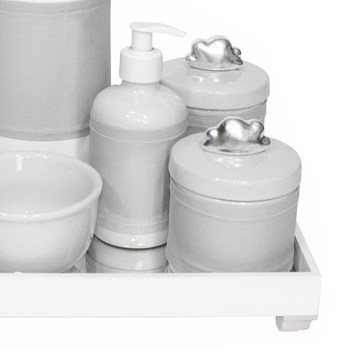 Kit Higiene Espelho Completo Porcelanas, Garrafa e Capa Nuvem Prata