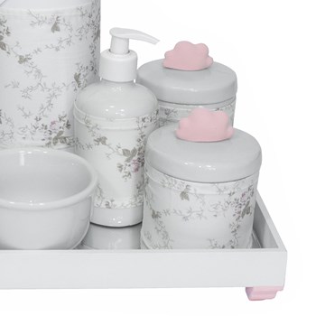 Kit Higiene Espelho Completo Porcelanas, Garrafa e Capa Nuvem Rosa