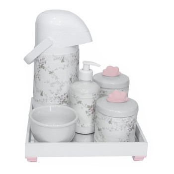 Kit Higiene Espelho Completo Porcelanas, Garrafa e Capa Nuvem Rosa
