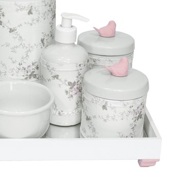 Kit Higiene Espelho Completo Porcelanas, Garrafa e Capa Passarinho Rosa