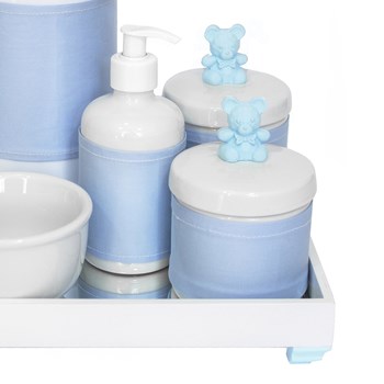 Kit Higiene Espelho Completo Porcelanas, Garrafa e Capa Ursinho Azul