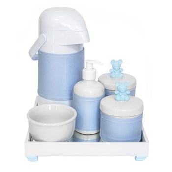 Kit Higiene Espelho Completo Porcelanas, Garrafa e Capa Ursinho Azul
