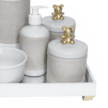 Kit Higiene Espelho Completo Porcelanas, Garrafa e Capa Ursinho Dourado