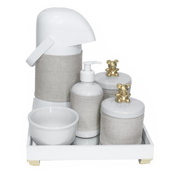 Kit Higiene Espelho Completo Porcelanas, Garrafa e Capa Ursinho Dourado