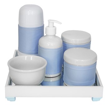 Kit Higiene Espelho Completo Porcelanas, Garrafa Pequena e Capa Azul