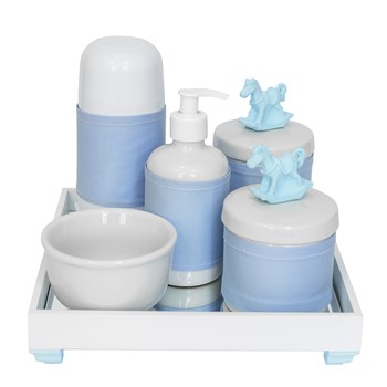 Kit Higiene Espelho Completo Porcelanas, Garrafa Pequena e Capa Cavalinho Azul