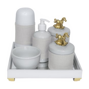 Kit Higiene Espelho Completo Porcelanas, Garrafa Pequena e Capa Cavalinho Dourado