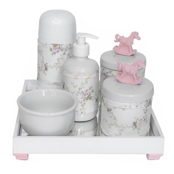 Kit Higiene Espelho Completo Porcelanas, Garrafa Pequena e Capa Cavalinho Rosa