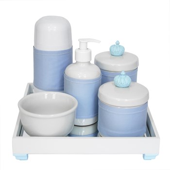 Kit Higiene Espelho Completo Porcelanas, Garrafa Pequena e Capa Coroa Azul