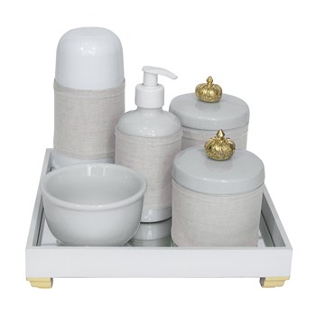 Kit Higiene Espelho Completo Porcelanas, Garrafa Pequena e Capa Coroa Dourado