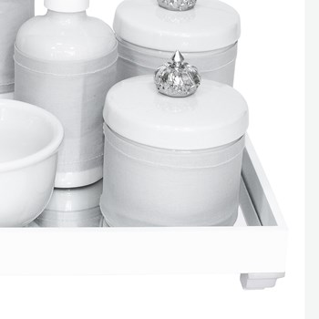 Kit Higiene Espelho Completo Porcelanas, Garrafa Pequena e Capa Coroa Prata