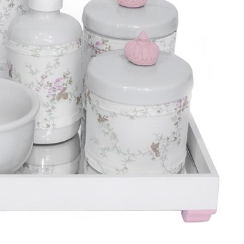 Kit Higiene Espelho Completo Porcelanas, Garrafa Pequena e Capa Coroa Rosa