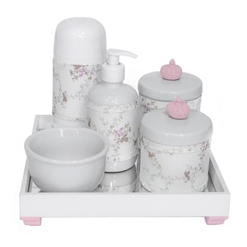 Kit Higiene Espelho Completo Porcelanas, Garrafa Pequena e Capa Coroa Rosa