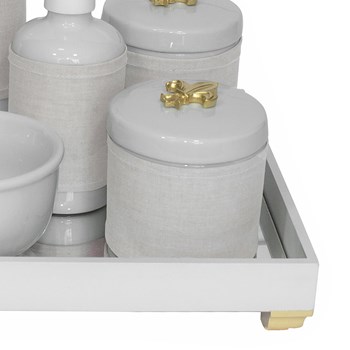 Kit Higiene Espelho Completo Porcelanas, Garrafa Pequena e Capa Flor de Liz Dourado