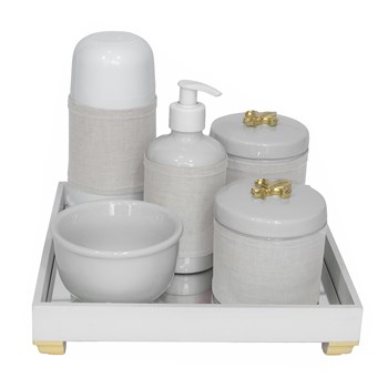 Kit Higiene Espelho Completo Porcelanas, Garrafa Pequena e Capa Flor de Liz Dourado