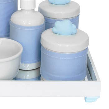 Kit Higiene Espelho Completo Porcelanas, Garrafa Pequena e Capa Nuvem Azul