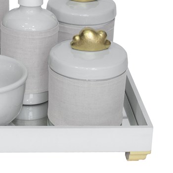 Kit Higiene Espelho Completo Porcelanas, Garrafa Pequena e Capa Nuvem Dourado