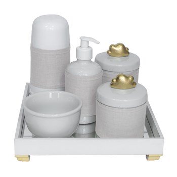 Kit Higiene Espelho Completo Porcelanas, Garrafa Pequena e Capa Nuvem Dourado
