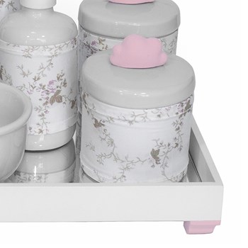 Kit Higiene Espelho Completo Porcelanas, Garrafa Pequena e Capa Nuvem Rosa