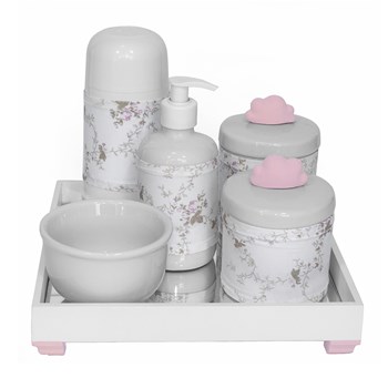 Kit Higiene Espelho Completo Porcelanas, Garrafa Pequena e Capa Nuvem Rosa