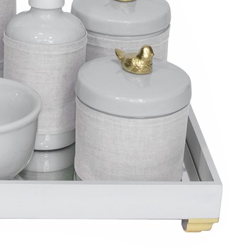 Kit Higiene Espelho Completo Porcelanas, Garrafa Pequena e Capa Passarinho Dourado