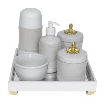 Kit Higiene Espelho Completo Porcelanas, Garrafa Pequena e Capa Provençal Dourado