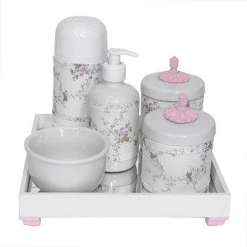 Kit Higiene Espelho Completo Porcelanas, Garrafa Pequena e Capa Provençal Rosa