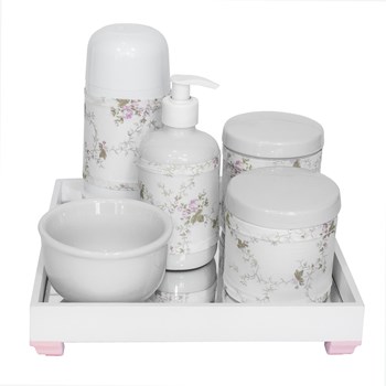 Kit Higiene Espelho Completo Porcelanas, Garrafa Pequena e Capa Rosa