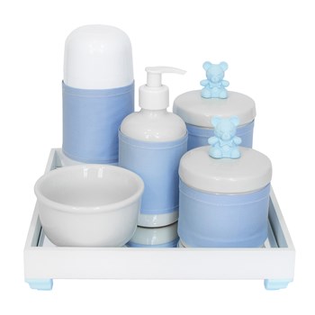 Kit Higiene Espelho Completo Porcelanas, Garrafa Pequena e Capa Ursinho Azul