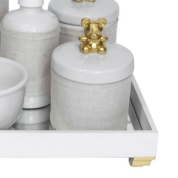 Kit Higiene Espelho Completo Porcelanas, Garrafa Pequena e Capa Ursinho Dourado