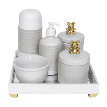 Kit Higiene Espelho Completo Porcelanas, Garrafa Pequena e Capa Ursinho Dourado