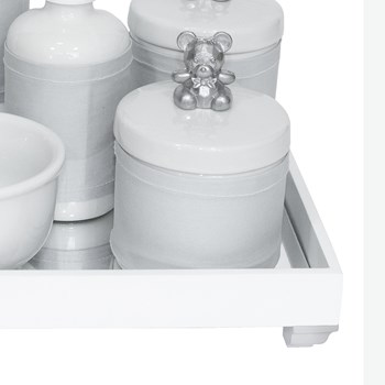 Kit Higiene Espelho Completo Porcelanas, Garrafa Pequena e Capa Ursinho Prata