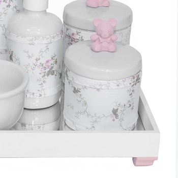 Kit Higiene Espelho Completo Porcelanas, Garrafa Pequena e Capa Ursinho Rosa