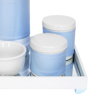 Kit Higiene Espelho Potes, Garrafa, Molhadeira e Capa Azul